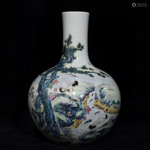 A Porcelain Famille Rose Crane Bottle Vase