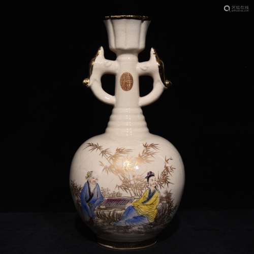 A Porcelain Ding Kiln Famille Rose Figure Vase