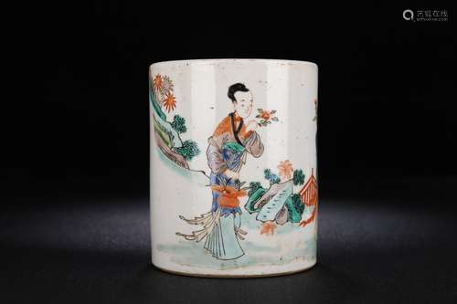 A Porcelain Wucai Figure Brush Pot