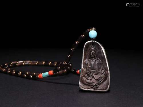 An Agarwood Buddha Carving Pendant With Silver