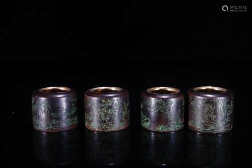 Set Of Agarwood Thumb Rings Embed Gilt Silver