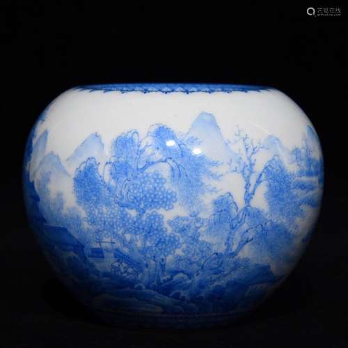 A Porcelain Blue Landscape Brush Washer