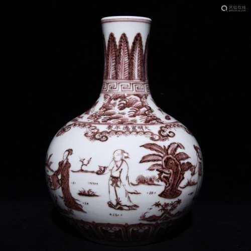A Porcelain Underglazed Red Figure-Story Bottle Vase