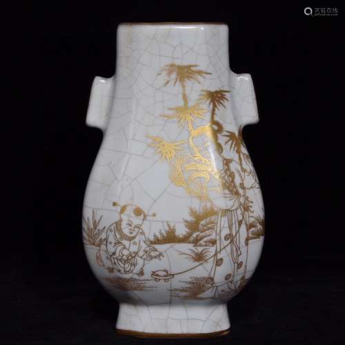 A Porcelain Guan Kiln Pierced-Ear Vase With Gold