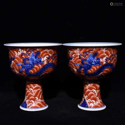 Pair Of Porcelain Blue&White Alum Red Cups