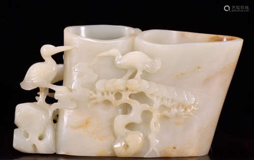 HETIAN JADE CARVED CRANE PATTERN BRUSH POT