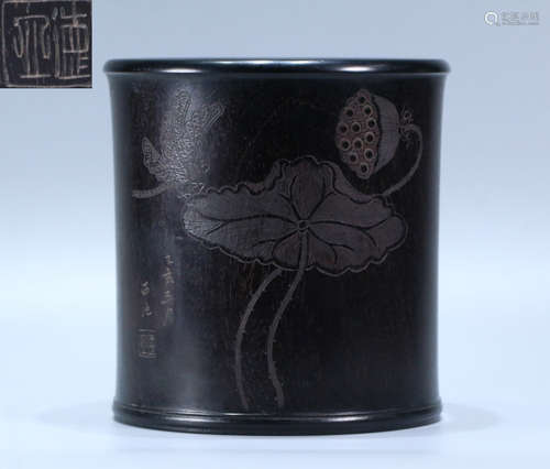 ZITAN WOOD CARVED BRUSH POT