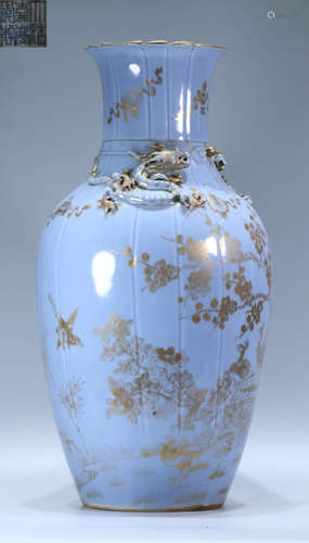 BLUE GLAZE VASE OUTLINE IN GOLD