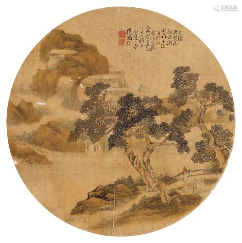 杨国崧 1890年作 拟云林子法 团扇 镜片 设色绢本
