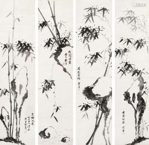 刘安科 1886年作 竹石图四屏 立轴 水墨纸本