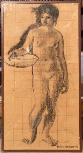 约瑟夫-英金贝蒂(1896-1971)1925年起任印度支那美术学校装饰艺术教授。女性裸体手臂上拿着一个篮子。炭在纸上，放在方格里。高度：33.7厘米，宽度：17.3厘米。过山车。