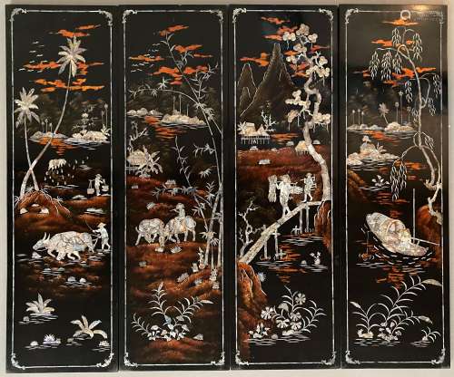 越南四块漆板，镶嵌珍珠母，有山水装饰。尺寸：100×30厘米（X4）。边缘和边角有些磨损。