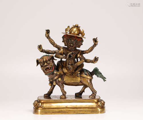 Copper and Golden Riding Lion Buddha Statue from Qing清代銅鎏金騎獅護法