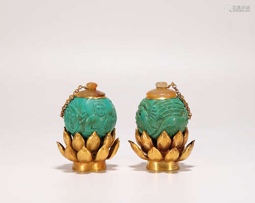 A Pair of Green Tophus Lotus Celics Vase from Liao遼代綠松石鎏金蓮花舍利罐一對