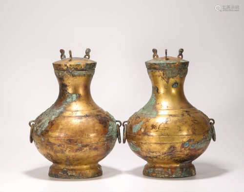 A Pair of Copper and Golden two ears vase from Tang唐代銅鎏金雙耳罐一對