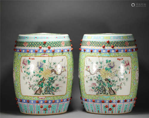 A Pair of Pink Glazed Floral Skeleton Drum Nail from Qing清代粉彩花卉紋鼓釘瓷蹲一對