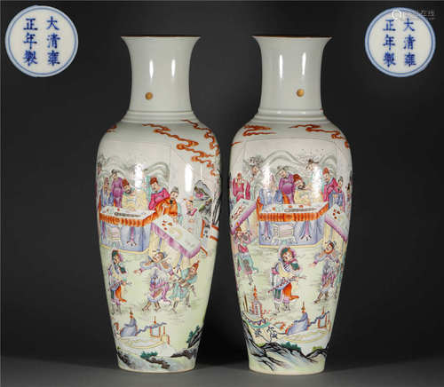 A Pair of Pink Glazed Showing Vase from Qing清代粉彩人物故事賞瓶一對