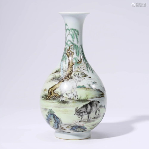 A CHINESE WUCAI PORCELAIN GOATS VASE MARKED Q…