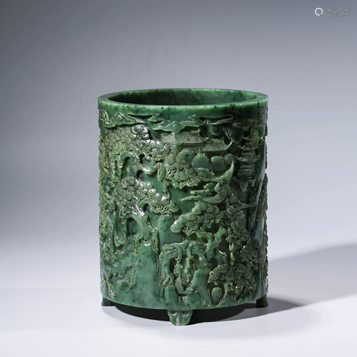 A CHINESE SPINICH-GREEN JADE MOUNTAINS BRUSH POT