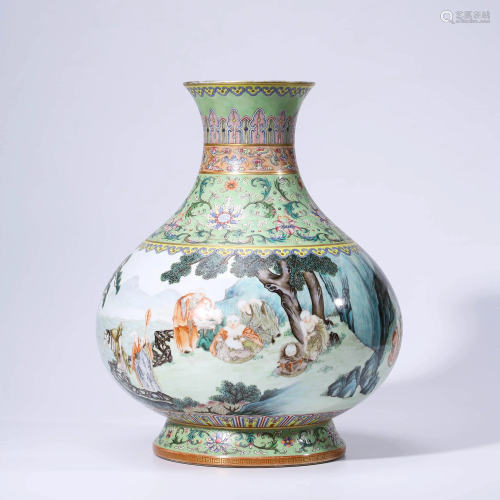 A CHINESE FAMILLE ROSE PORCELAIN STORY VASE MARKED QI…