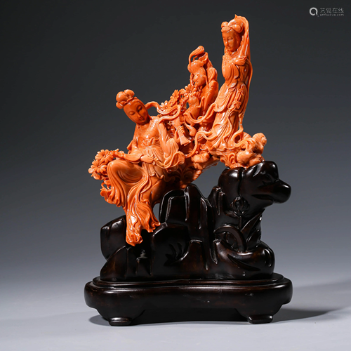 A CHINESE CORAL CARVING OF LADIES & STAND