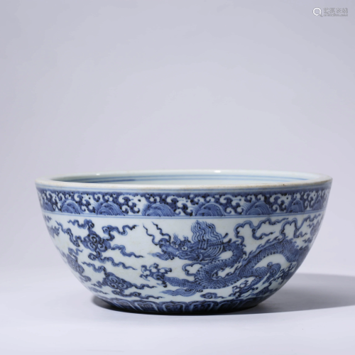 A CHINESE BLUE & WHITE PORCELAIN DRAGON BOWL MARKED