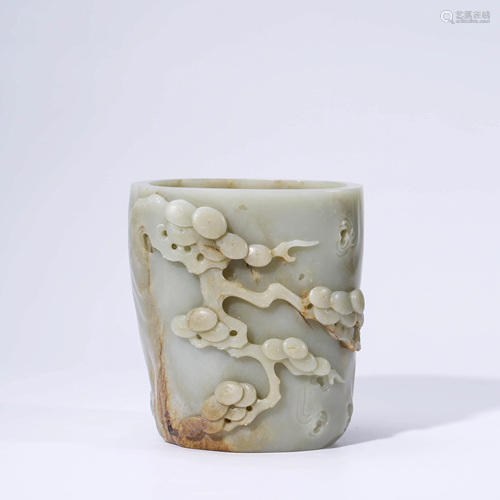 A CHINESE WHITE JADE PINES BRUSH POT