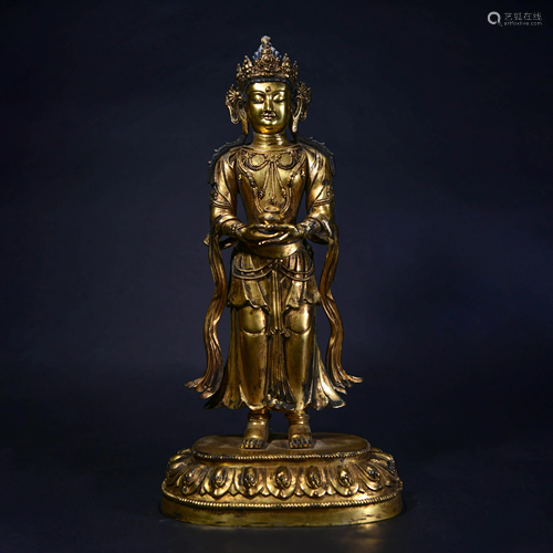 A CHINESE GILT-BRONZE AVALOKITESHVARA STATUE