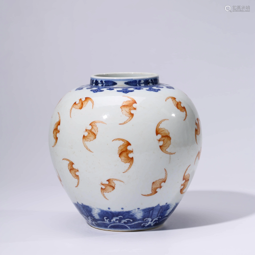 A CHINESE RED & BLUE PORCELAIN BATS JAR MARKED QIAN