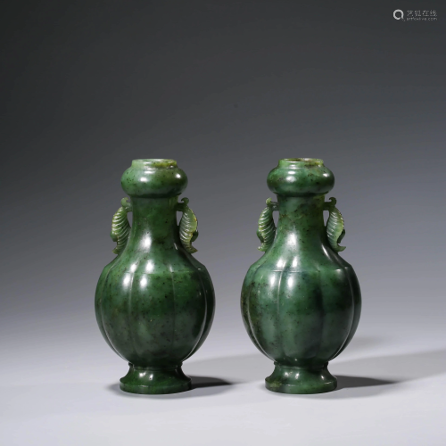 A PAIR OF CHINESE SPINICH-GREEN JADE VASES