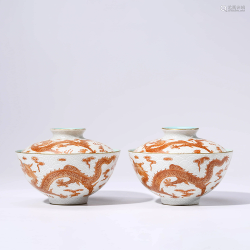 A PAIR OF CHINESE IRON-RED PORCELAIN DRAGON BOWLS WITH