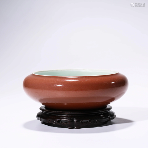 A CHINESE RED-GLAZED PORCELAIN WASHER & STAND MAR…