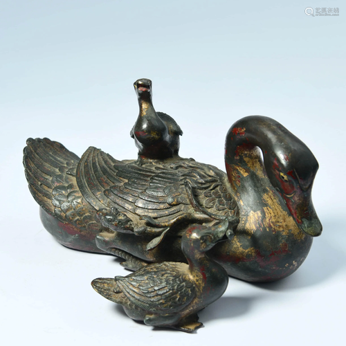 A CHINESE GILT-BRONZE GOOSE CENSER