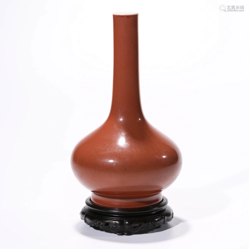 A CHINESE RED-GLAZED PORCELAIN VASE & STAND MARKED …