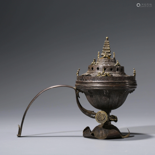 A CHINESE GOLD-DECORATED SILVER CENSER