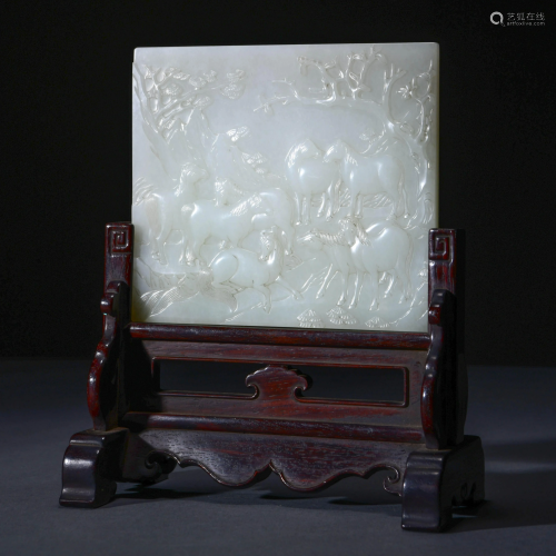 A CHINESE WHITE JADE TABLE SCREEN & STAND