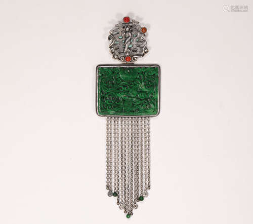 Green Jade Inlaying Silvering Ornament from Qing清代翡翠包銀胸墜