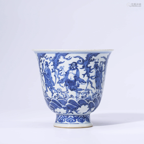 A CHINESE BLUE & WHITE PORCELAIN IMMORTALS CUP MARKED