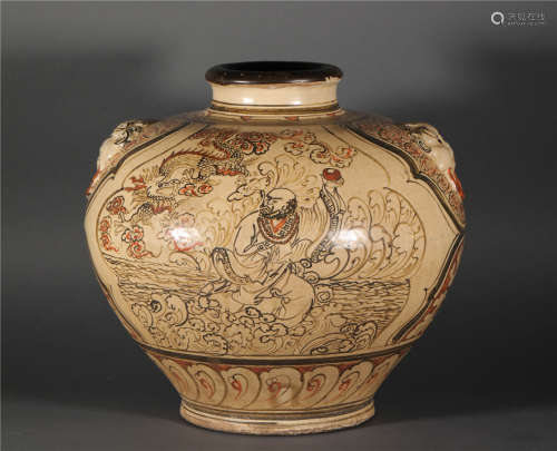 CiZhou Kiln Dragon LuoHan Vase from Song宋代磁州窯降龍羅漢雙獸耳罐