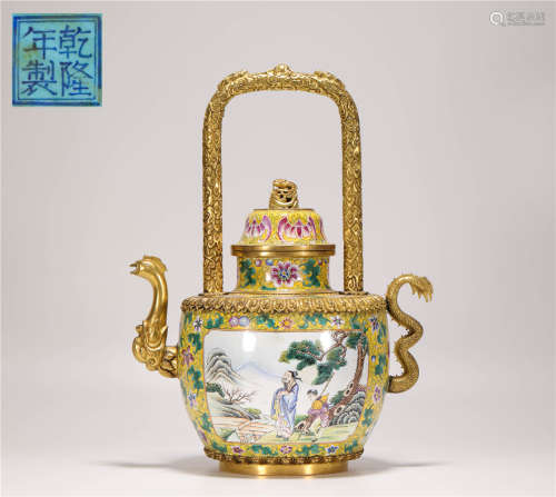 Copper Colored Enamels Holding Vase from Qing清代銅胎琺琅彩人物故事提梁壺