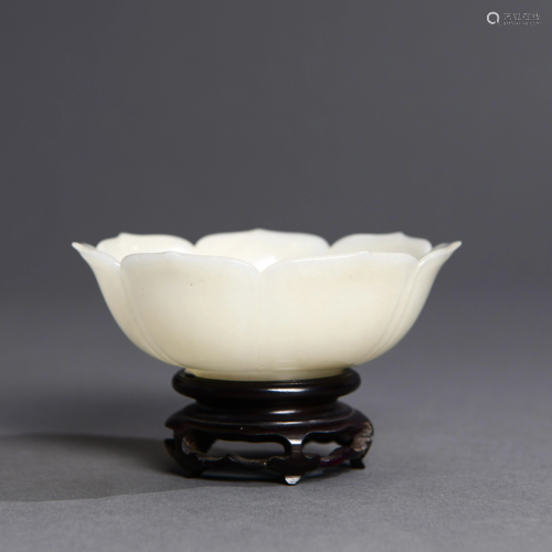A CHINESE WHITE JADE LOBED BOWL & STAND