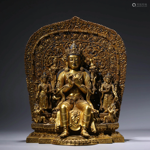 A CHINESE GILT-BRONZE SAKYAMUNI STATUE MARED MING Y…