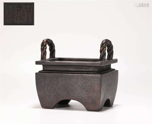 Copper Squared Two Ear Censer from Ming明代銅胎措印四方雙耳爐