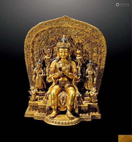 明 铜鎏金藏文款弥勒兜率天坐像