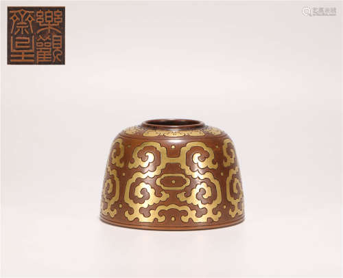Copper inlaying Gilding Ruyi Water Container from Qing清代銅措金如意紋水盂