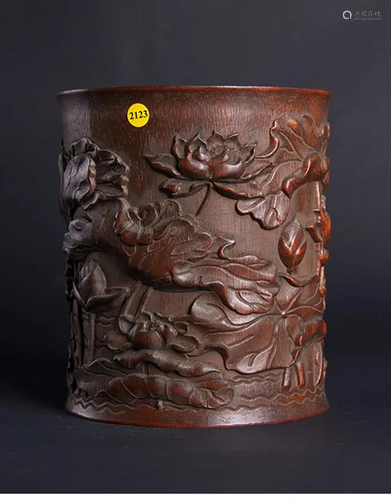 A Carved Lotus Bamboo Brush Pot