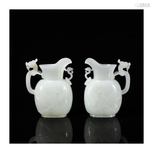 A Pair of Dragon and Phoenix Hetian Jade Pots