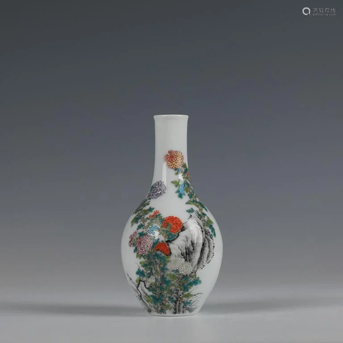 A Famille Rose Flower and Stone Porcelain Vase