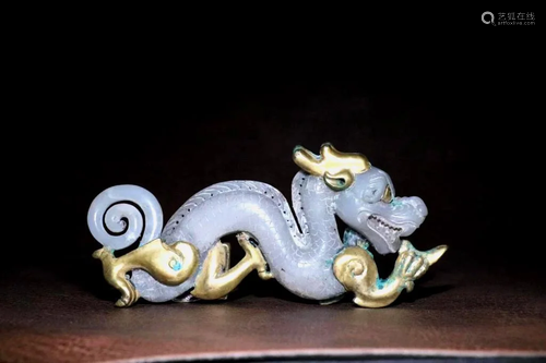 Hetian Jade Carved Dragon W/ Gold