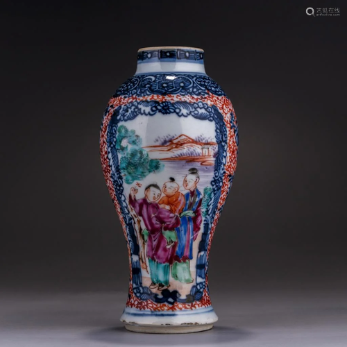 Blue and White Famille Rose Figure Porcelain Vase